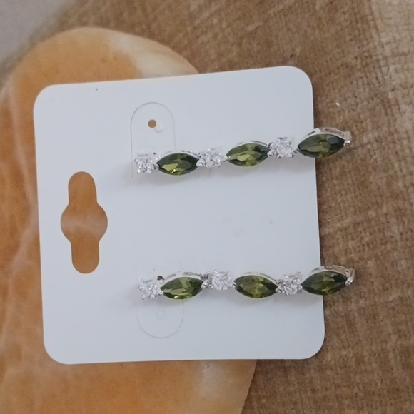 Silver Tone Peridot Green Rhinestone Crystal Drop Post Earrings - Picture 6 of 6